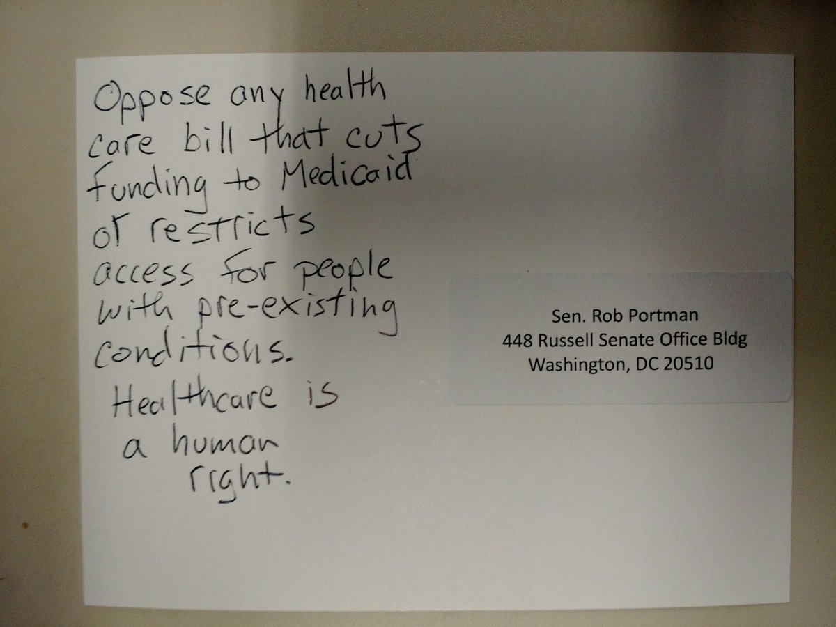 PostcardsToPat's tweet photo. Save our healthcare. @senrobportman don't leave us in the cold on account of preexisting conditions. https://t.co/SbhBG0EEoy