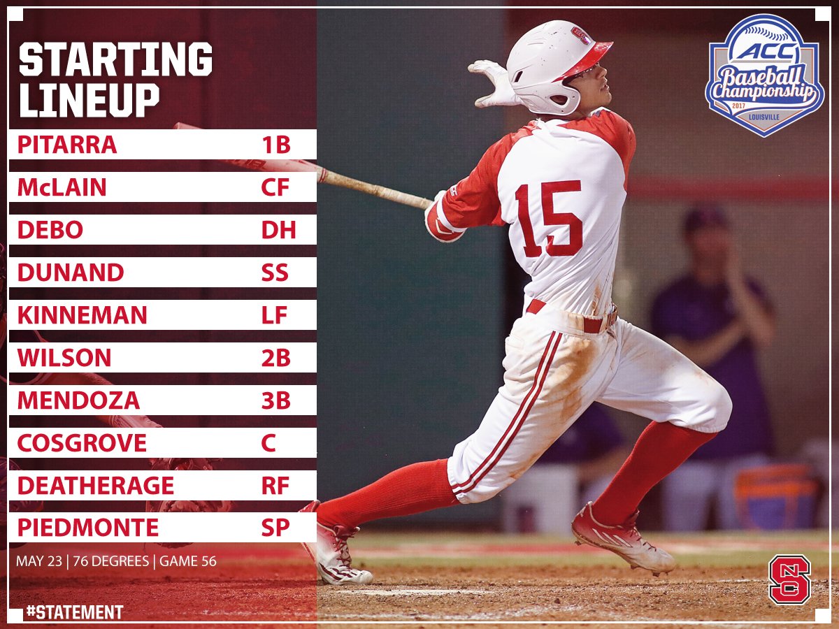 The #Pack9 lineup for its first game of the #ACCBase Championship is in! #Piedmonte on the bump 💯