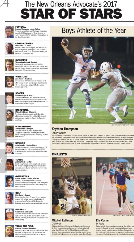 Keytaon Thompson (<a href="/LandryWalkerHS/">Landry-Walker HS</a> ) leads The New Orleans Advocate Star of Stars list.