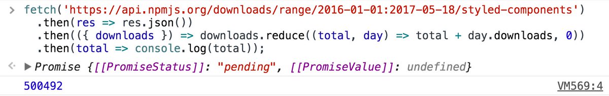 fetch('https://api.npmjs.org/downloads/range/2016-01-01:2017-05-18/styled-components')
  .then(res => res.json())
  .then(({ downloads }) => downloads.reduce((total, day) => total + day.downloads, 0))
  .then(total => console.log(total));

500492