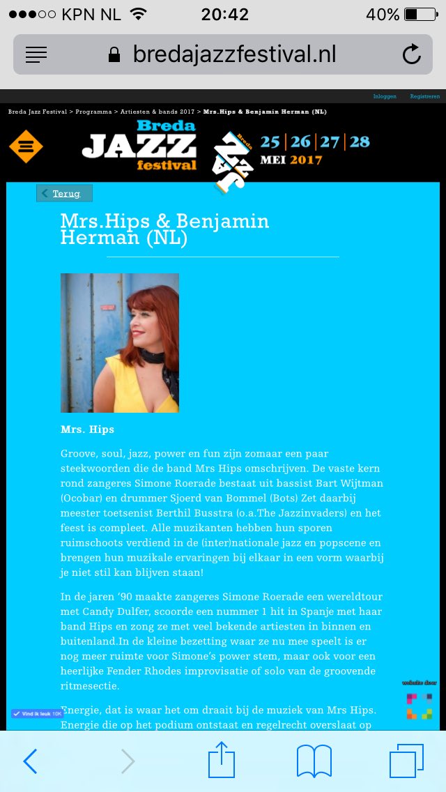 Donderdag 25 mei Mrs Hips feat. @Benjamin_Herman op Breda Jazz! 22.45 -01.00 hi-fi Kubben podium Grote Markt!