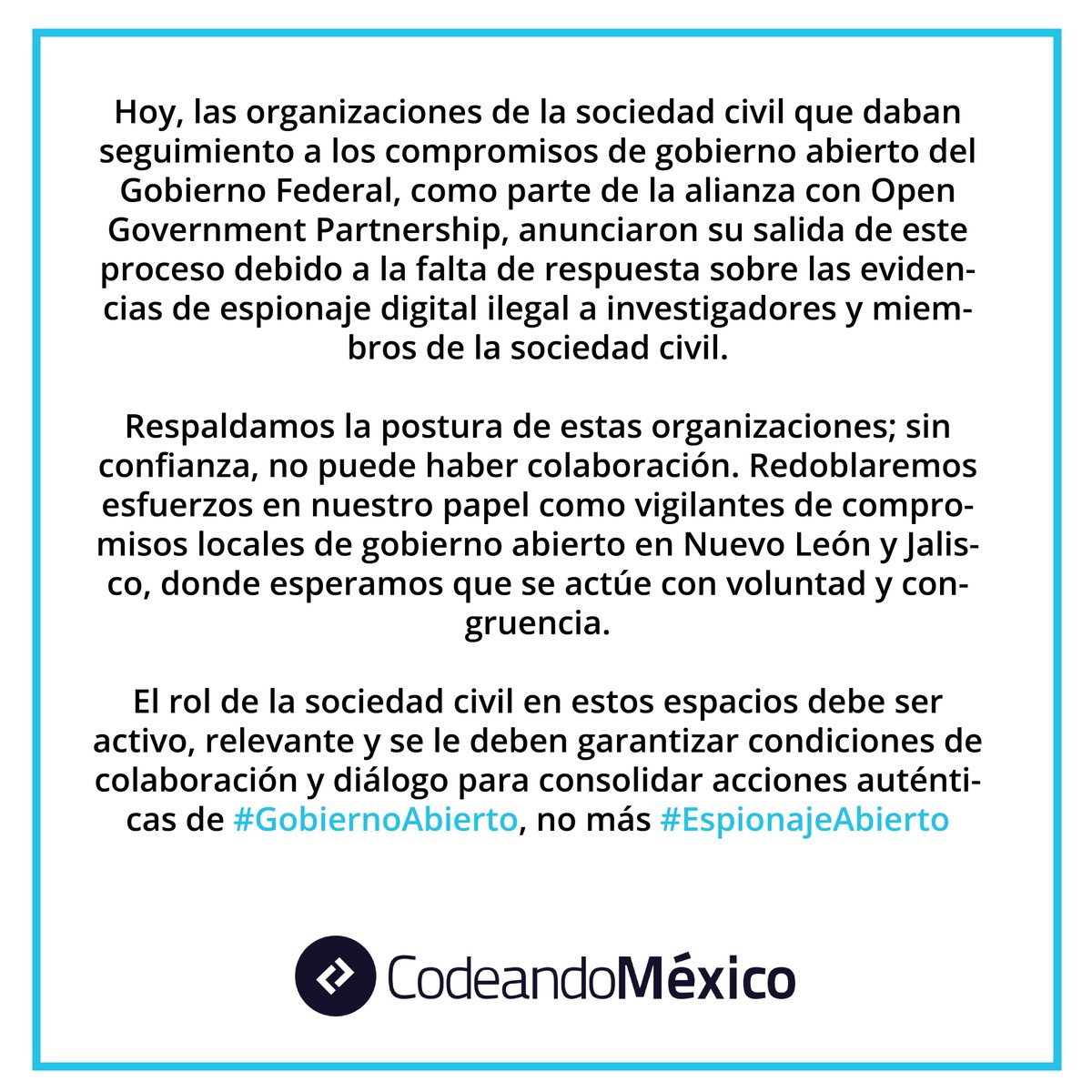CodeandoMexico's tweet image. Respaldamos la decisión de las OSCs que anunciaron su salida del Secretariado Técnico Tripartita #EspionajeAbierto
fundar.org.mx/por-espionaje-…