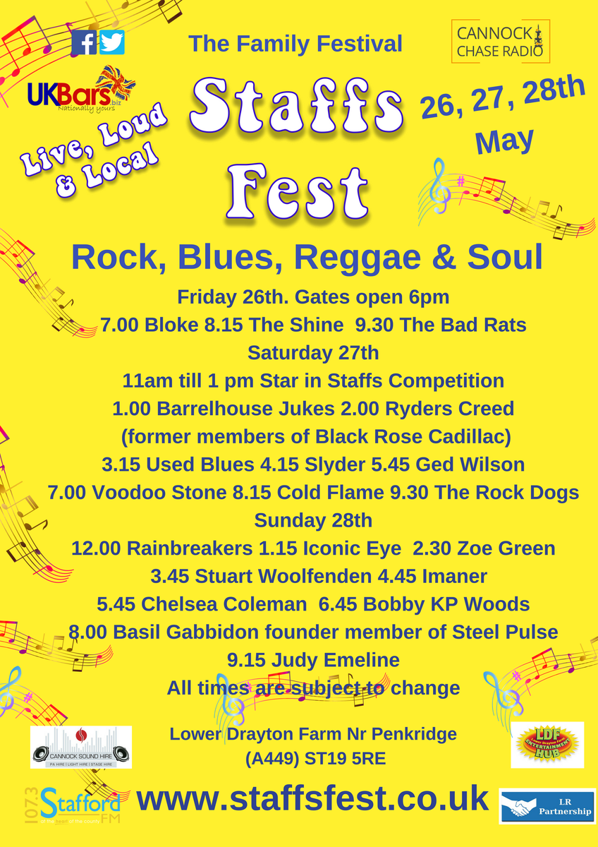 StaffsFest22's tweet image. Fantastic line up @weareSFM @HotUKFestivals @CannockRadio @rockdogsuk @TheRainbreakers @TheBadRatsuk @StuWoolfenden @Voodoo_Stone #WDYT RT