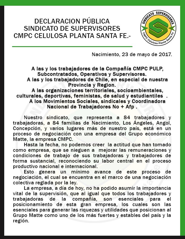 FSupervisores's tweet photo. Declaración Pública ant eventual #HUELGA n @EmpresasCMPC 
@DMatamala @elsurcl @biobiotv @indignadobiobio @Emol @CNT_NOmasAFP @LIGNUMREVISTA https://t.co/90Behfpuwd