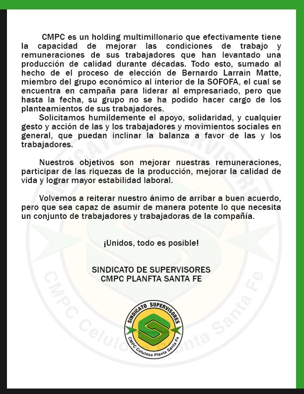 FSupervisores's tweet photo. Declaración Pública ant eventual #HUELGA n @EmpresasCMPC 
@XHNews @ChinaPlusNews @bbcmundo @rsumen @ReutersLatam @PULSO_cgopel @mirkomacari https://t.co/UVw8AZvH2D