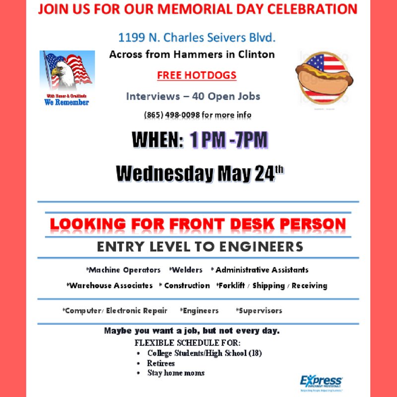 ClintonExpress's tweet image. NEED A JOB!!!!!  Come in for our employee appreciation day and Memorial Day Celebration @ClintonExpress Employment!! Free Hot Dogs! Prizes!