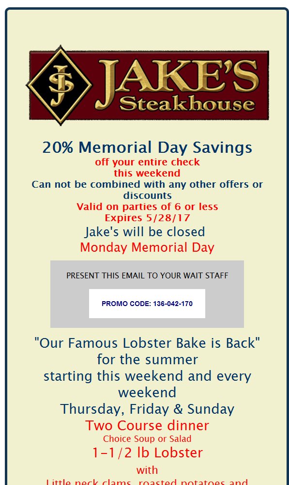 JakesSteakhouse's tweet photo. Lobster Bake is Back  and 20% off the Weekend Coupon Code: 136-042-170 https://t.co/a2ma6DZ4Um https://t.co/PSYdLnnY7u