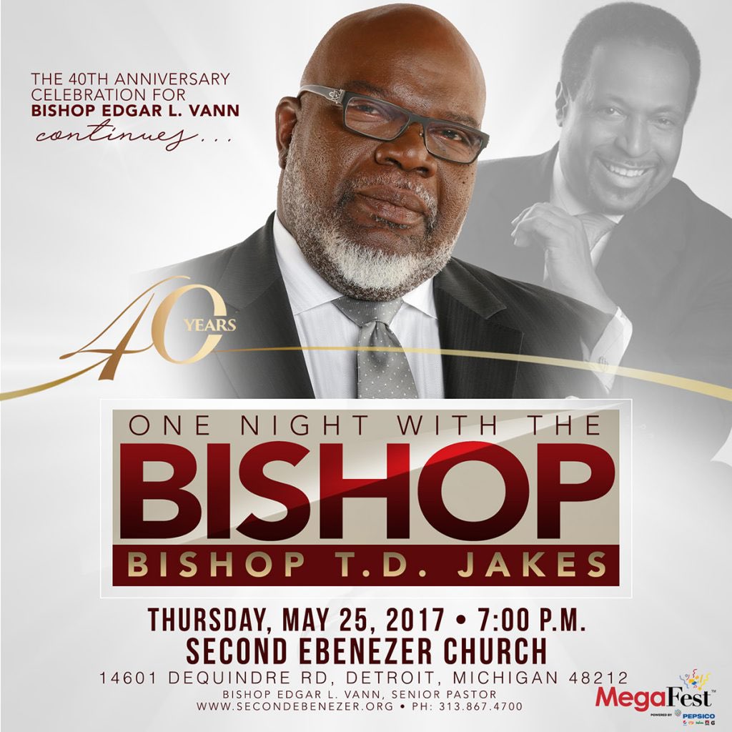 SecondEb's tweet image. Worship and celebrate 40 years of pastoral excellence with us! @BishopJakes comes to share with us this Thursday! #Vann40