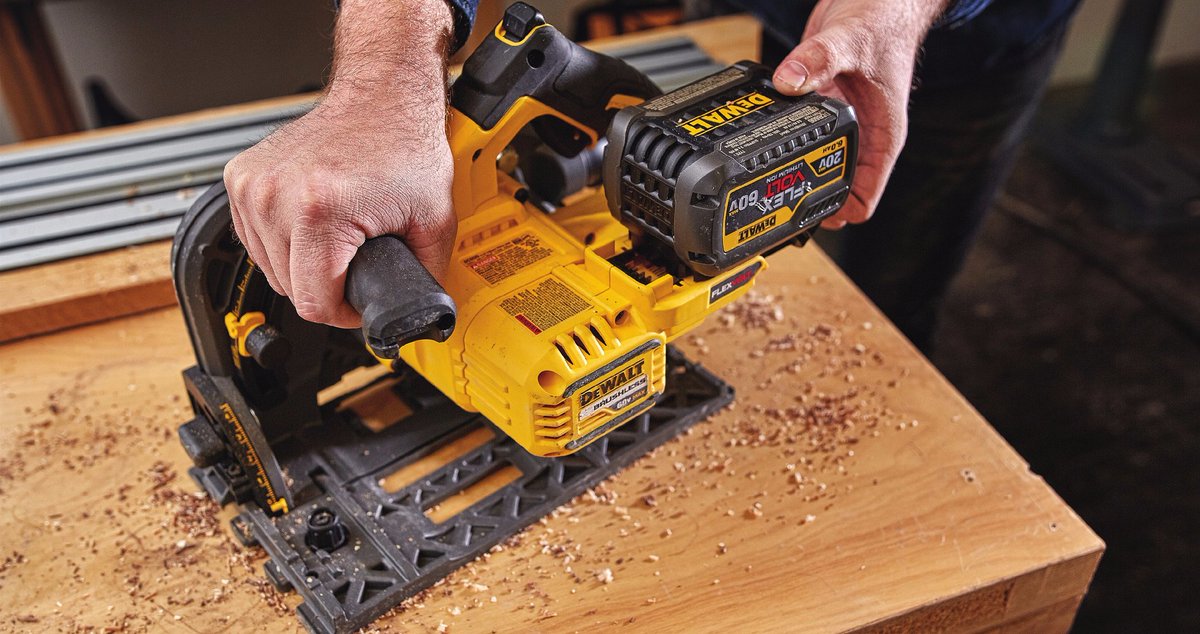 DEWALTtough's tweet image. #ComingSoon, #FLEXVOLT 60V MAX* 6-1/2" #TrackSaw. Experience its precision, portability and versatility this summer. bit.ly/2qSPShD