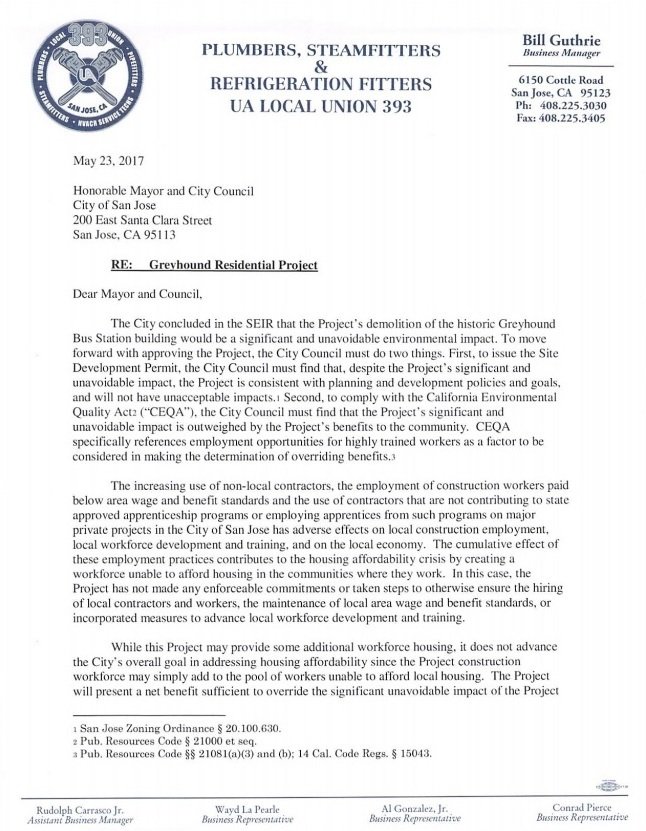 RamonaGiwargis's tweet photo. #SanJose unions sent a letter to City Council urging a local hire policy on 23-story Greyhound condos. They'll rally at City Hall at 5:45p. https://t.co/FONbfrxJTP