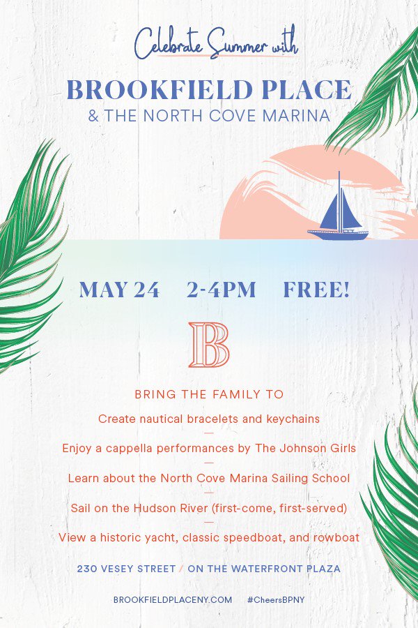 bpca_ny's tweet photo. TOMORROW: You're invited to #BatteryParkCity's North Cove Marina for a free community kickoff event. #BPCPlaces #WestofWest @BrookfieldPLNY https://t.co/hgYkmekH8V