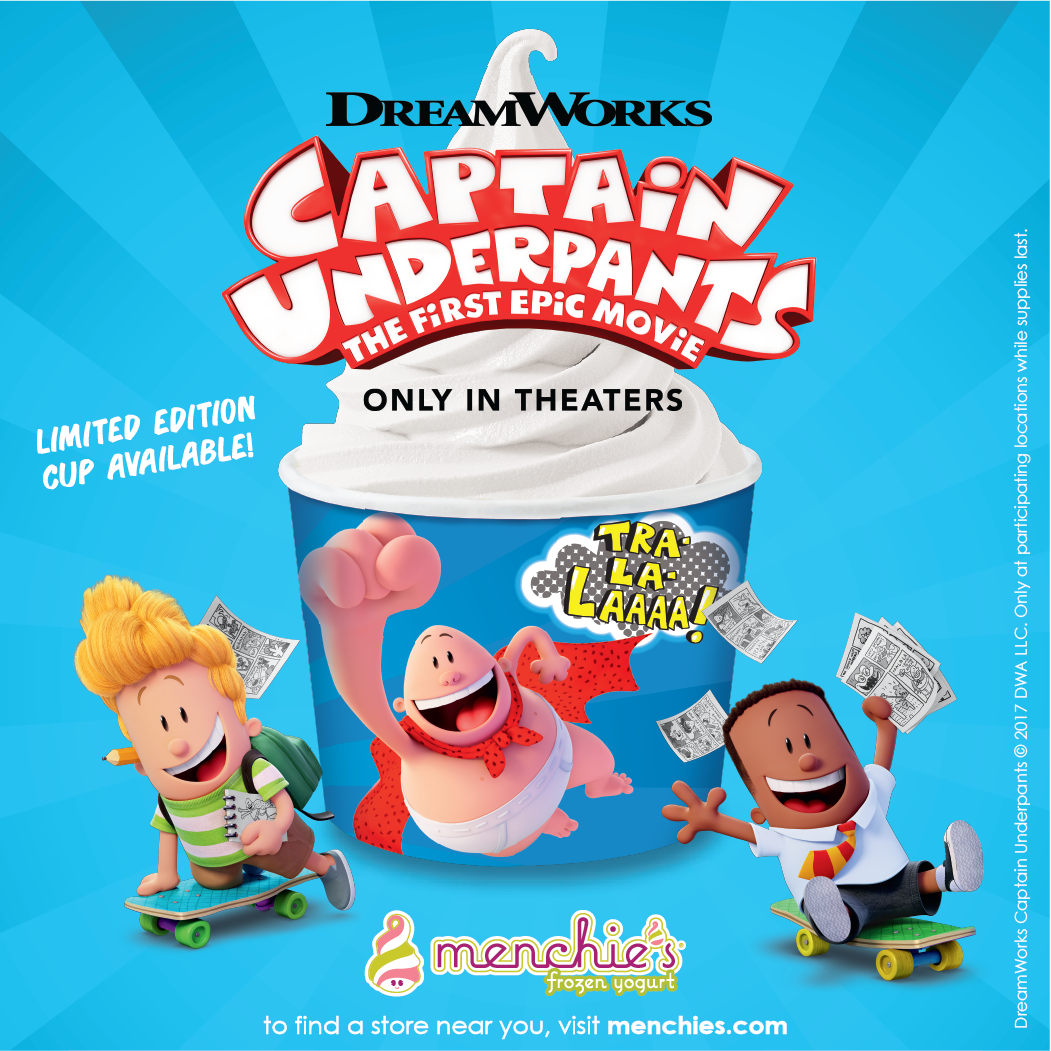 Head to @MyMenchies in June and fill a limited-edition Captain Underpants cup with their many delicious frozen yogurt flavors!