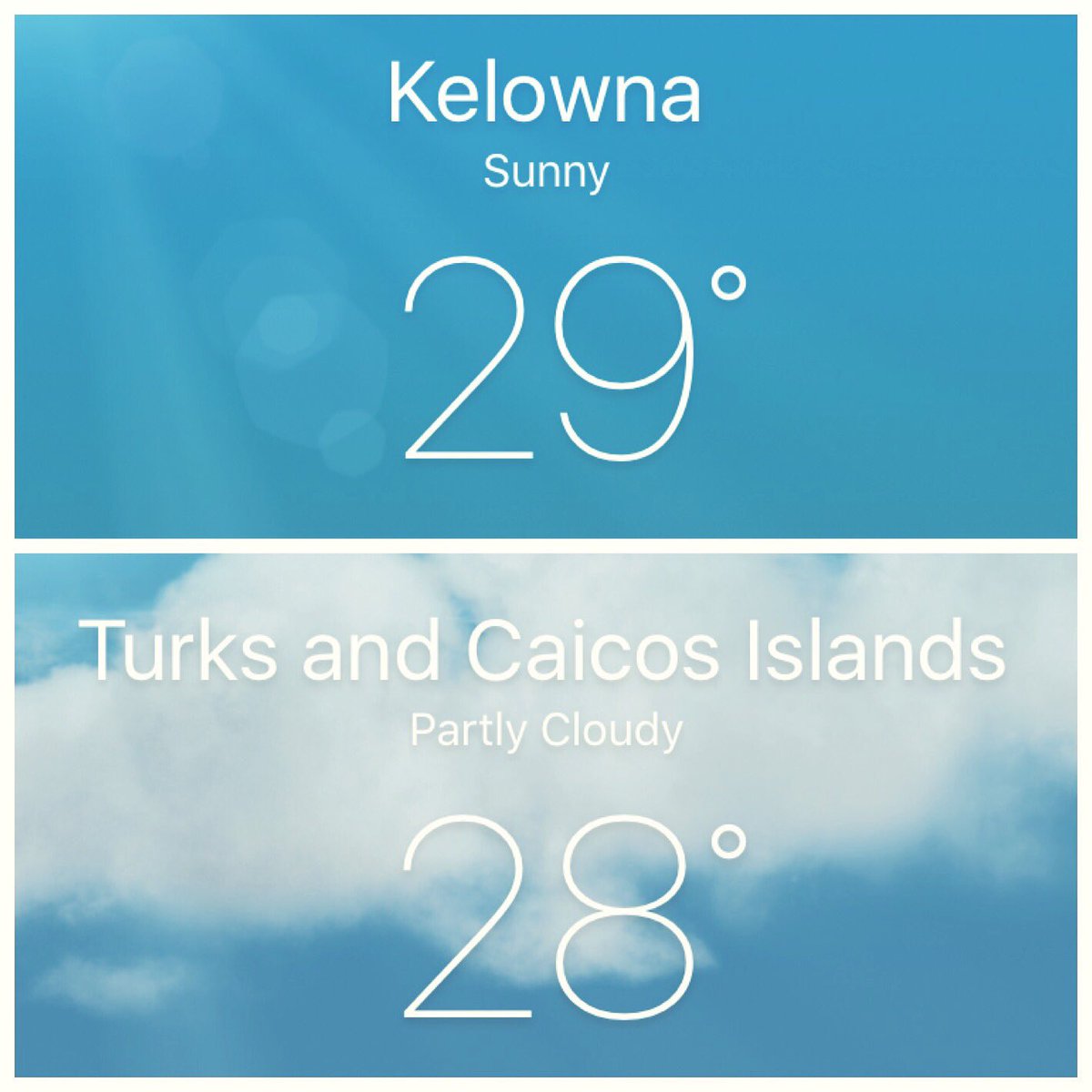 Who needs the teal blue waters, dolphins and 77% humidity of the #turksandcaicos #Kelowna looks like the place to be!