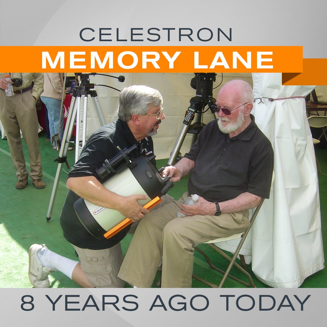 Celestron's tweet image. Time flies! 8yrs ago we released to the world, our #EdgeHD #opticaltube! Our #OpticalEngineer shares a moment with late founder, #TomJohnson