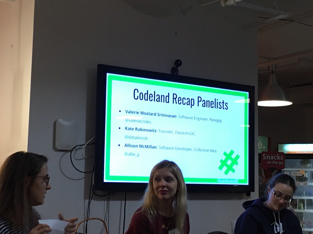 CBStodd's tweet photo. Great talk about Codeland and conferences. #codenewbiedc https://t.co/c52p9ezY8Z