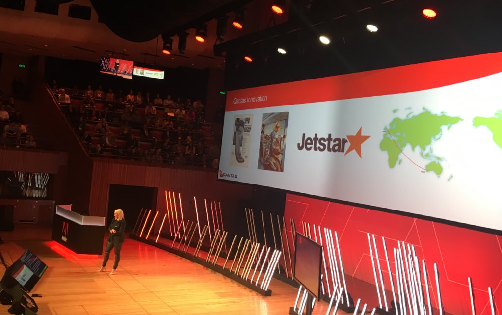 lonistark's tweet image. Wow! @Quantas invented the escape slide, business class and affordable brand. Now innovating on experience. #AdobeSymp #ThingsWeLearn