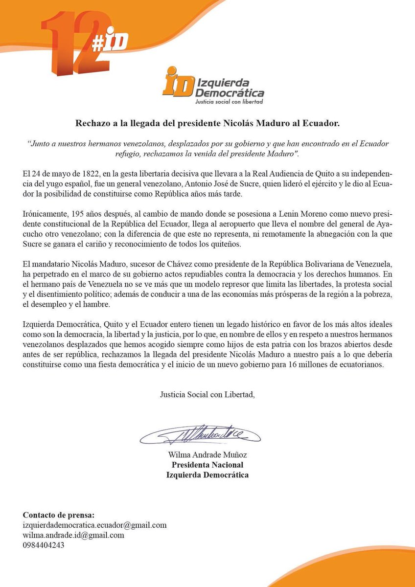 #ID, partido democrático y defensor de la libertad y DDHH, rechaza rotundamente la presencia del presidente Nicolás Maduro en #Ecuador.