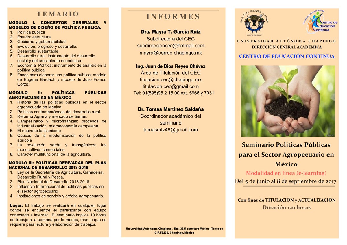 ANECh_AC's tweet photo. INVITACIÓN: SEMINARIO "POLÍTICAS PÚBLICAS PARA EL SECTOR AGROPECUARIO EN MÉXICO",Mod. EN LÍNEA. 5/Junio→8/Sept '2017. Más inf. en TRÍPTICO https://t.co/h5s8JDLvFG