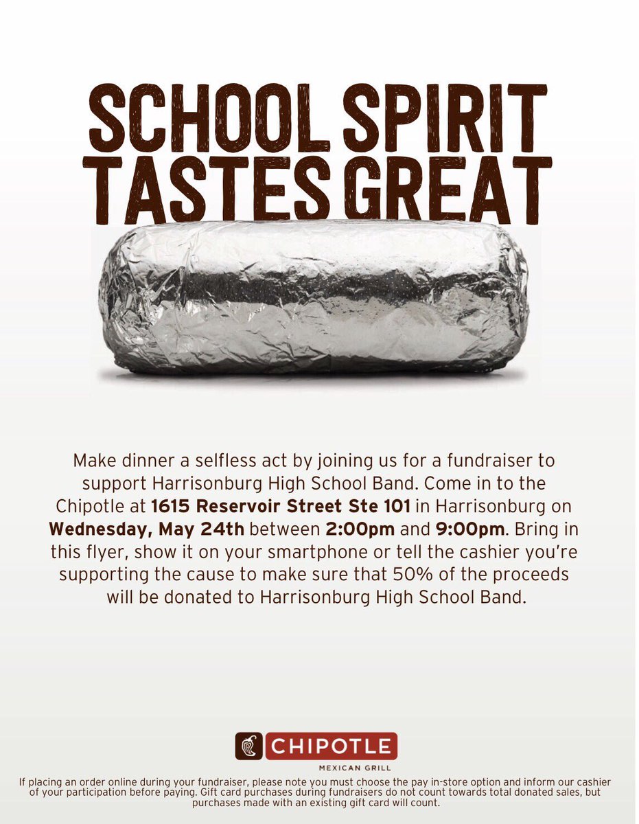 Head to <a href="/ChipotleTweets/">Chipotle</a> in <a href="/HarrisonburgVA/">Harrisonburg VA</a> from 2-9pm on Wednesday and show this flyer or mention the HHS Band!