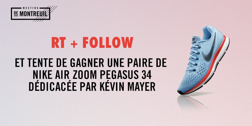 RT et follow pour tenter de gagner une paire de Nike Air Zoom Pegasus 34 dédicacée par @mayer_decathlon ! #MeetingMontreuil