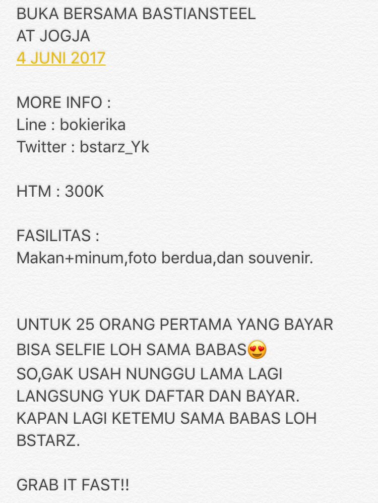 Ayooo Bstarz pada ikutan bukber Yukk sama Babas <a href="/bastiansteel/">Bastiansteel</a> 😍
Untuk batas pembayaran bukber sampai tanggal 1 Juni 2017! So langsung aja☺️