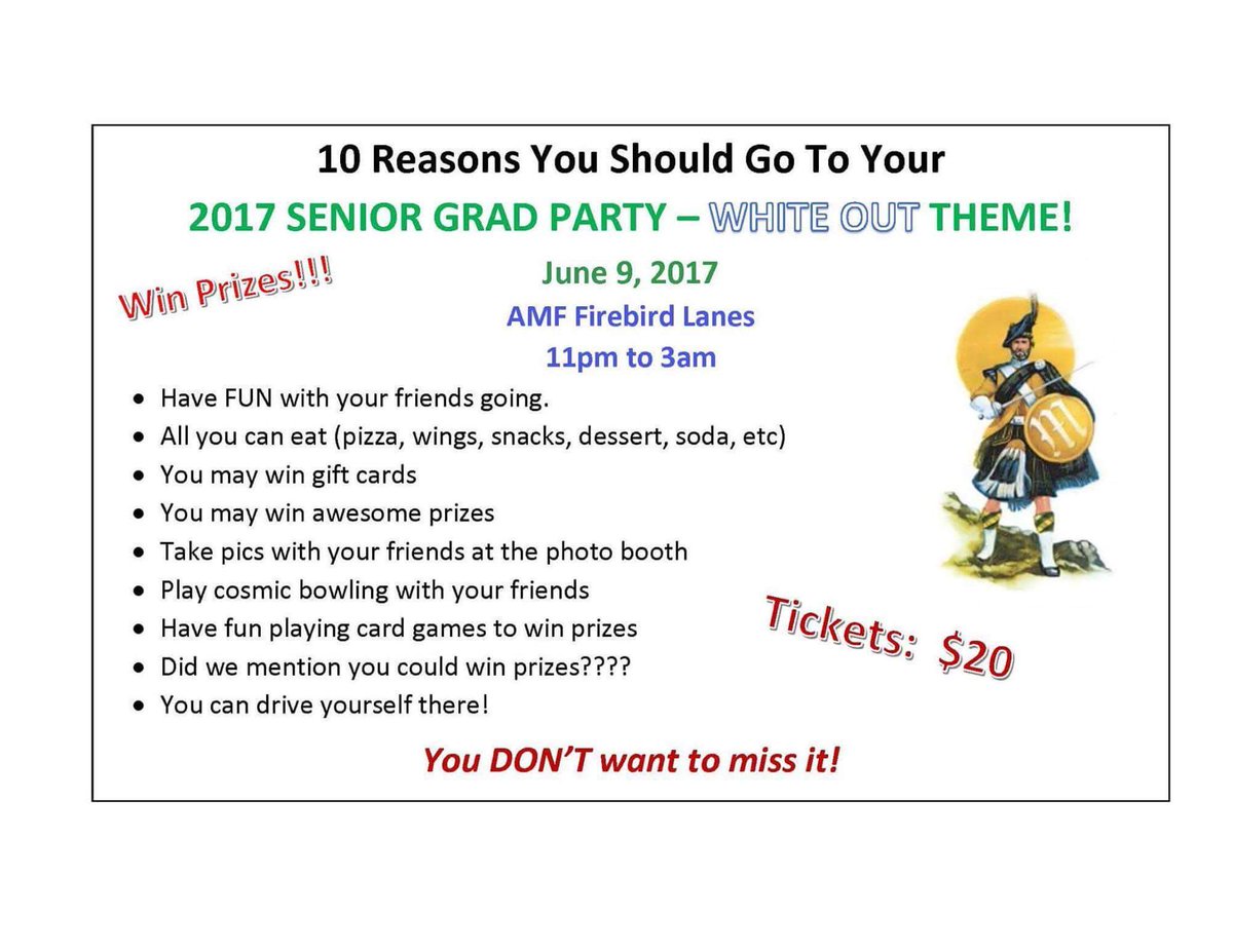 scotsmandaily's tweet photo. SENIORS...it's almost time for your grad party!!! Do you have your ticket?
#scotspride #mckseniors https://t.co/lcoTl7IdTb