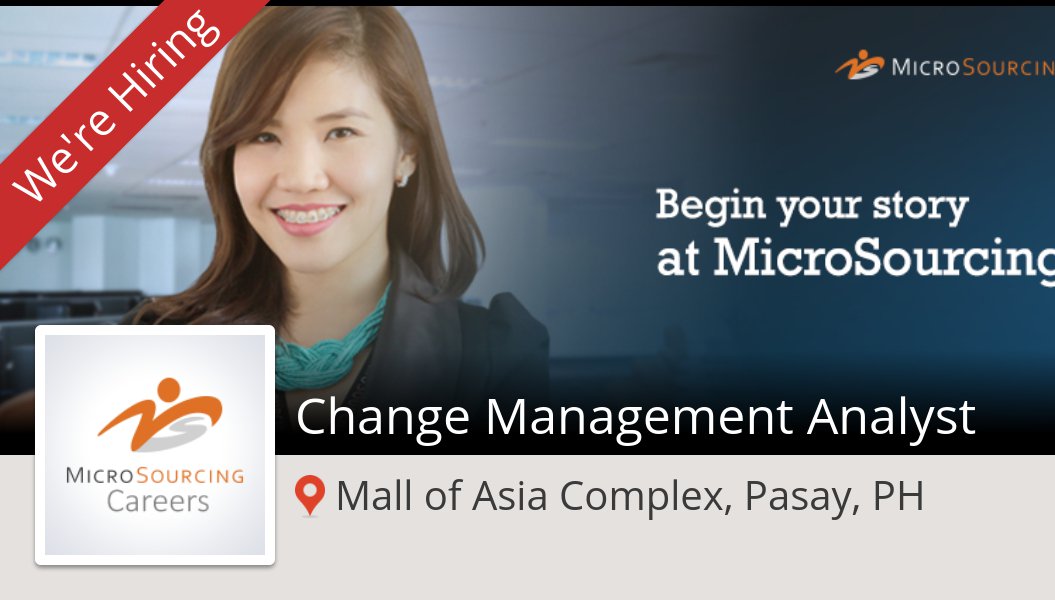 emeeny's tweet photo. Change #Management #Analyst at #MicroSourcing in #MallofAsiaComplexPasayPH #job https://t.co/sRWX8npFfv #NowHiring https://t.co/Gdixxo9gGN
