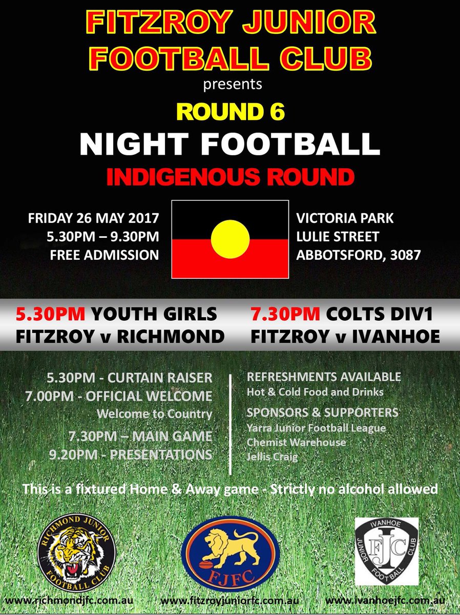 fitzroy_jfc's tweet photo. ⭐️ FRIDAY NIGHT FOOTY ⭐️ Head down to Vic Park to watch some great games of footy. And to help us start our Indigenous Round #fjfc #goroys https://t.co/lEQoRATWM0