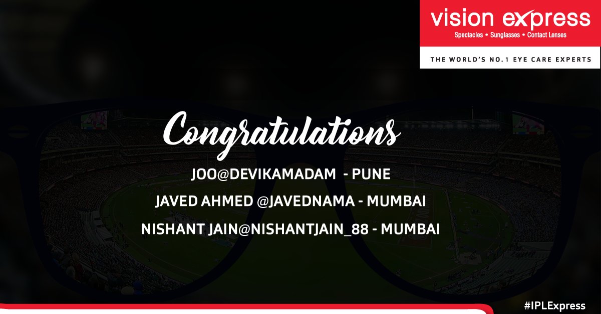Visionexpressin's tweet photo. Announcing the lucky winners of our #IPLExpress Contest! Congratulations winners! https://t.co/o2wmF4PWxy