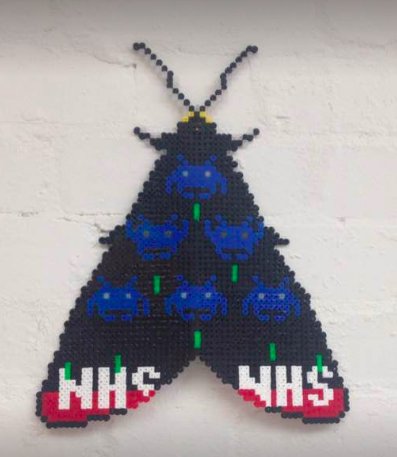 tichborneG's tweet photo. NEW WORK @PeterFish13 Hama Bead Moth.'Blue Meanies'2017. "Strong and stable my arse" #flyingleaps LAST WEEK #brighton @artistshouses https://t.co/NVkUa3D71S