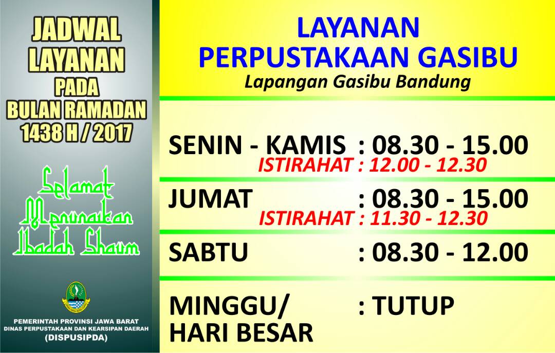DispusipdaJabar's tweet photo. JADWAL LAYANAN PERPUSTAKAAN PADA BULAN RAMADHAN 1438H/2017 #dispusipda #perpustakaan #jabarprov https://t.co/Nn0HFmBWSC