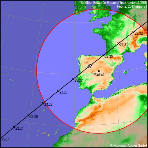 PlanetarioMad's tweet photo. ¿Quieres ver el paso de la #ISS por #Madrid esta noche?
 Aquí te decimos como:
Máxima altura a las 23:29h
Distancia: 473km.
Magnitud: -3,3 https://t.co/nGR7DvyjmD