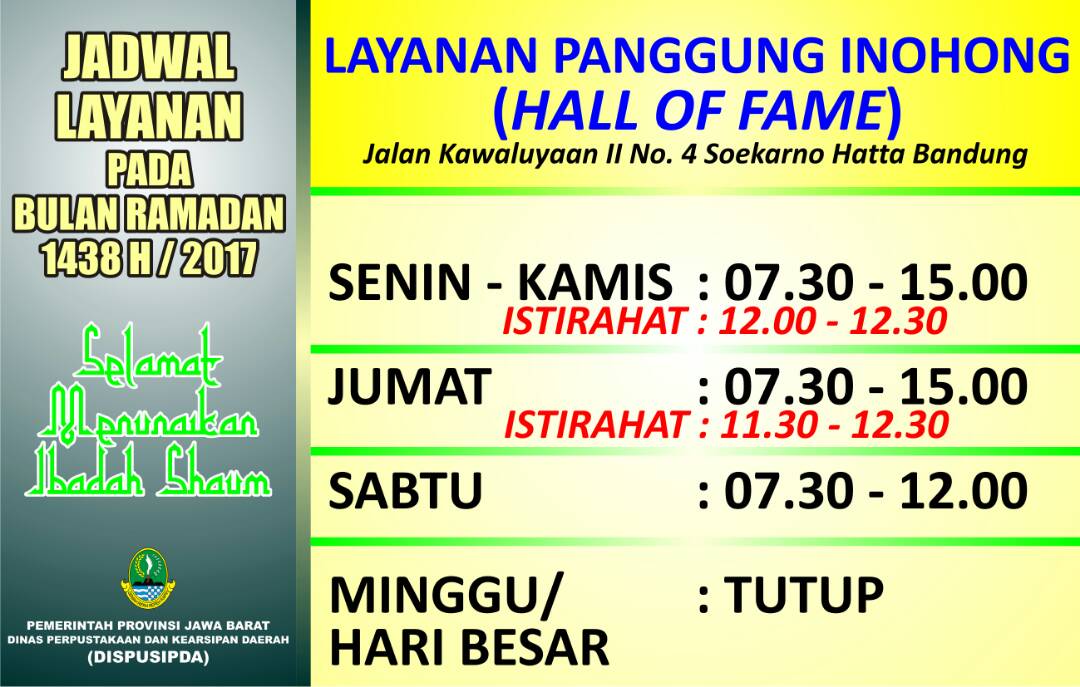 DispusipdaJabar's tweet photo. JADWAL LAYANAN PANGGUNG INOHONG PADA BULAN RAMADHAN 1438H/2017 #dispusipda #jabaprov https://t.co/f1oA4NDATB