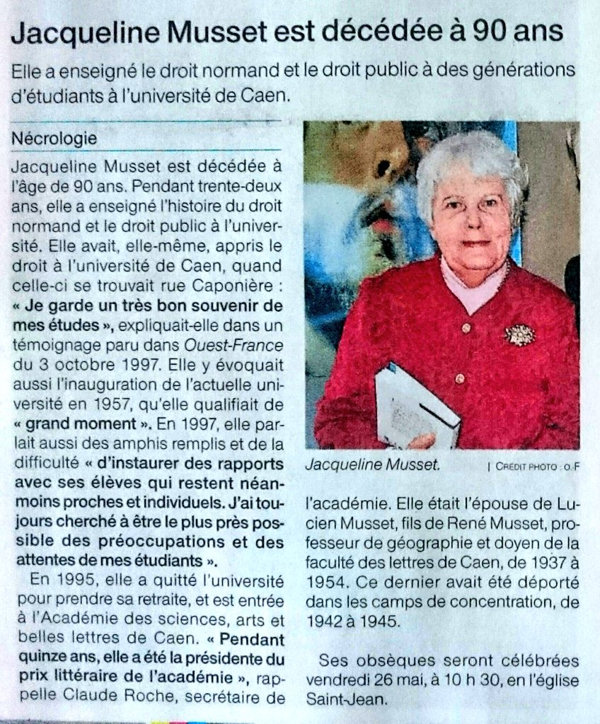 Décès de Mme Musset, ancienne professeur d'histoire du droit <a href="/facdroitcaen/">UFR Droit Caen</a>