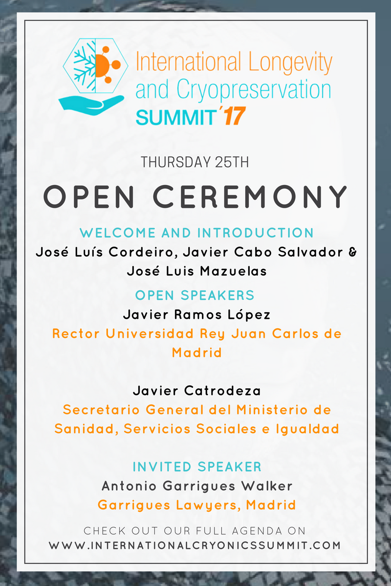 LongevityCryo's tweet photo. José Luis Cordeiro, Javier Cabo, José Luis Mazuelas, Javier Ramos, Javier Castrodeza y Antonio Garrigues en la Open Ceremony del #ILCS https://t.co/hiBCOawEb8