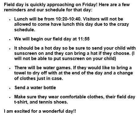 MrsVidrine1st's tweet photo. So excited for Field Day!! Here are some friendly reminders for Friday: https://t.co/4it6Kdbed1