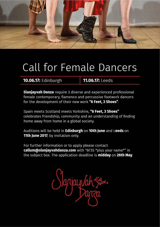 TradDanceScot's tweet photo. Final call for female #stepdancers for the development and performance of @Slanjayvah latest work '6 Feet, 3 Shoes'. Deadline: 26 May. #6F3S https://t.co/B0T3gY2L1Z