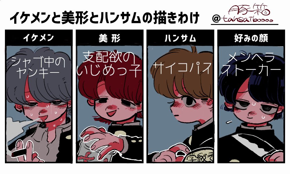 #イケメンと美形とハンサムの描きわけ 

しかし全員人格破綻者 