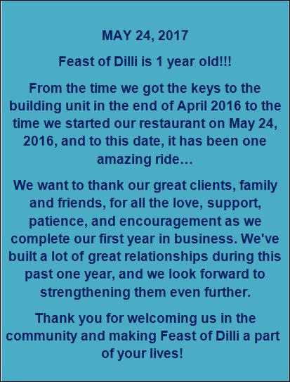 Feast of Dilli is 1 year old!!!
Thank you for making us a part of your lives!
#AlderwoodTO #Brownsline #Etobicoke #Mimico #Lakeshorewest
