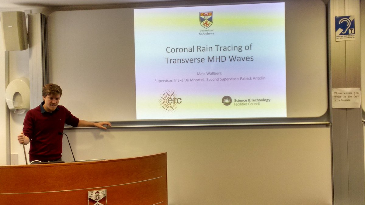 SMTG_StAndrews's tweet photo. Today's solar seminar is presented by Mats Wållberg @MatsWallberg on coronal rain and MHD waves. https://t.co/Ui6joIM2PX