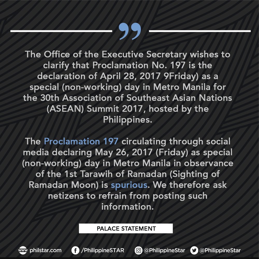 PhilippineStar's tweet photo. ADVISORY: Malacañang said the info circulating on social media declaring May 26 as special non-working day is fake. | via @xtinamen https://t.co/LbWsNd4knS
