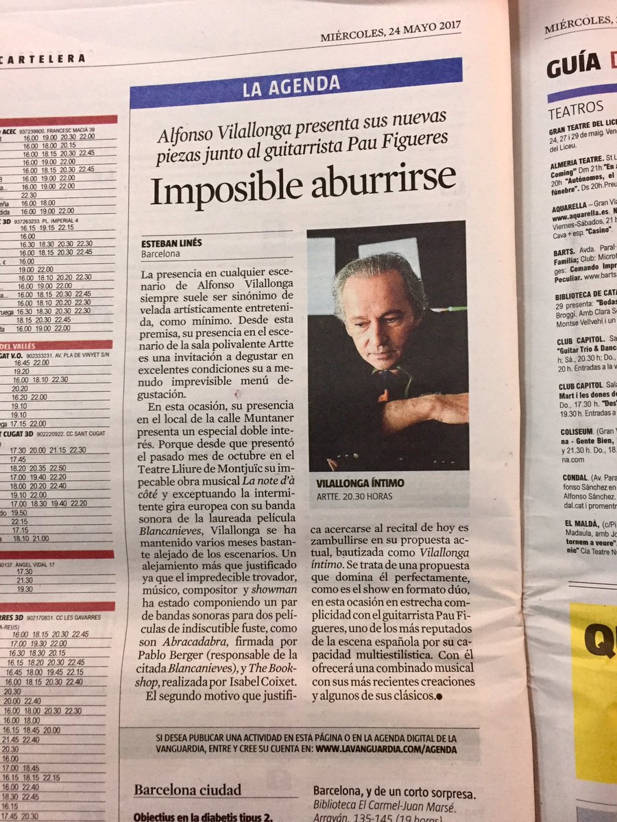 Como muy bien dice #lavanguardia : IMPOSIBLE ABURRIRSE esta noche 20.30 h #alfonsodevilallonga nos ofrece un #espectaculo #íntimo