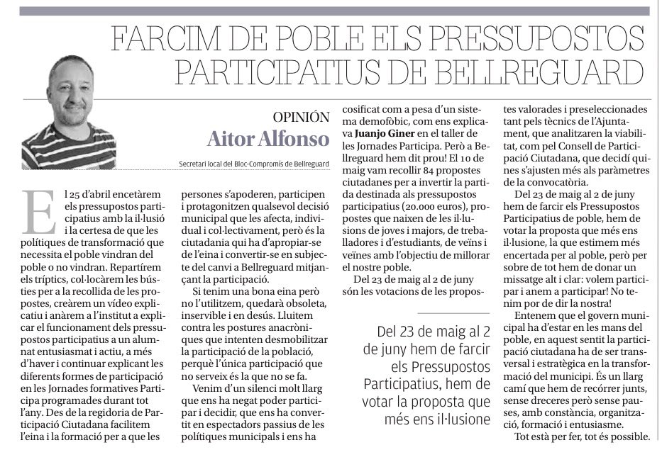 «Farcim de poble els pressupostos participatius de #Bellreguard», article del nostre secretari local <a href="/Aitor_Alfonso/">Aitor Alfonso</a> al diari <a href="/levante_emv/">Levante-EMV</a>