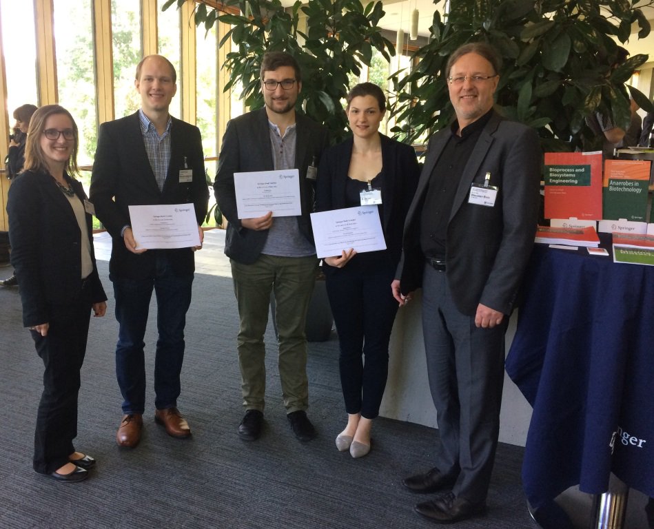SofChemistry's tweet photo. Congrats to Christoph, Paul & Laura for the #Springer Poster Prize! Awardees with the EiC of #BPBSE journal & #Springer editor at #BioPro17 https://t.co/ZzuChewi2v