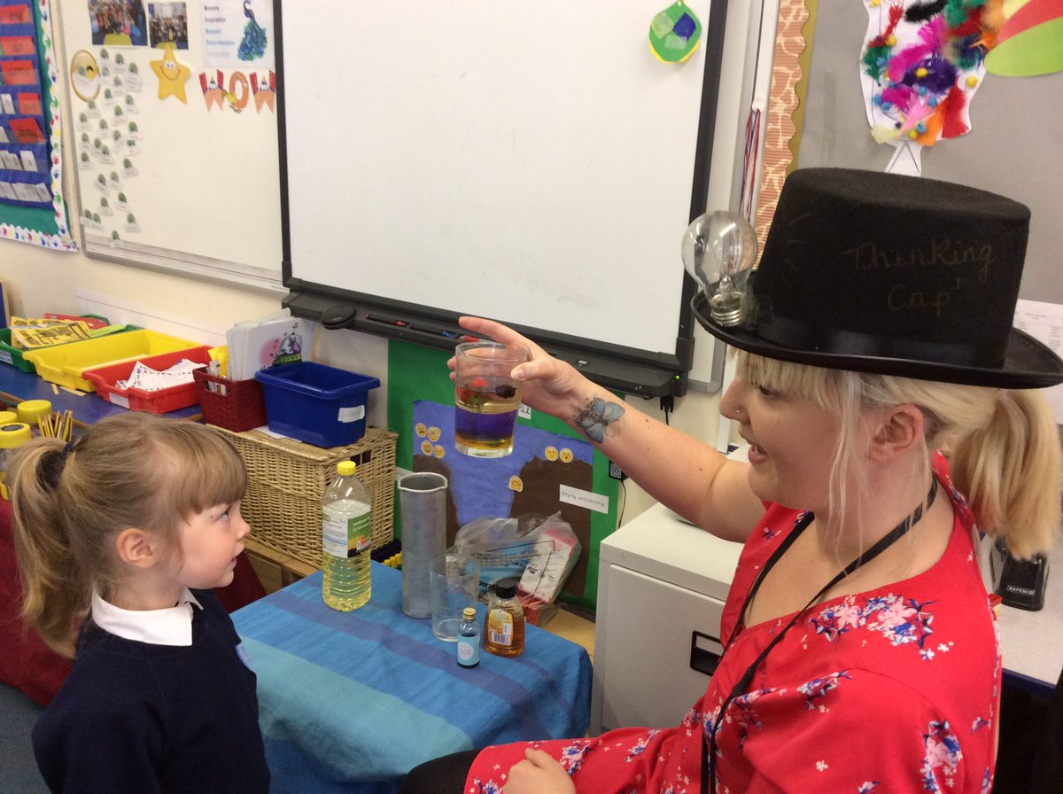 THSHead's tweet photo. Mrs Goodchild with her 'Thinking Cap' cap on learning about liquid separation with Reception https://t.co/mds836365N