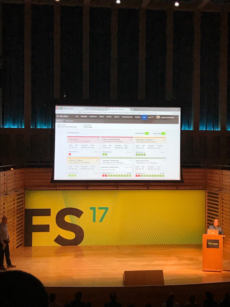 mike_p_riley's tweet photo. Which of my apps are struggling on that container? Let @newrelic tell you in real time. #futurestack17 https://t.co/TCvnDYX5iO