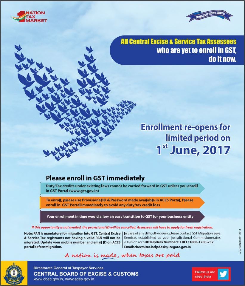 Please Enroll in #GST!
#GST Enrolment re-opens for limited period on 1st June 2017.
Please like, retweet &amp; subscribe for more GST updates.