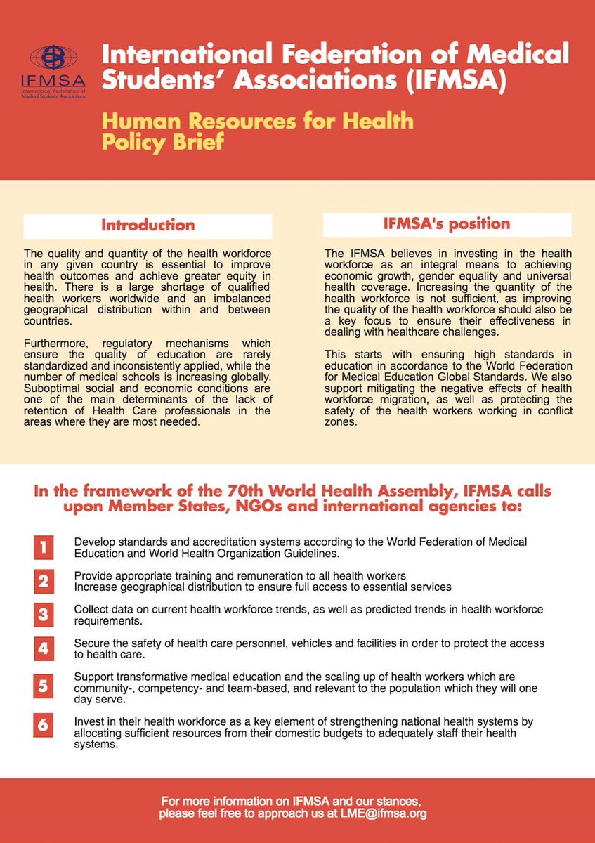 AlineDKhat's tweet photo. Learn about @ifmsa's #HRH position #medicalaccreditation #protectionofHW #datacollection #communitybasedaction #healthworkforce2030 #WHA70 https://t.co/mFG3tAnPvD
