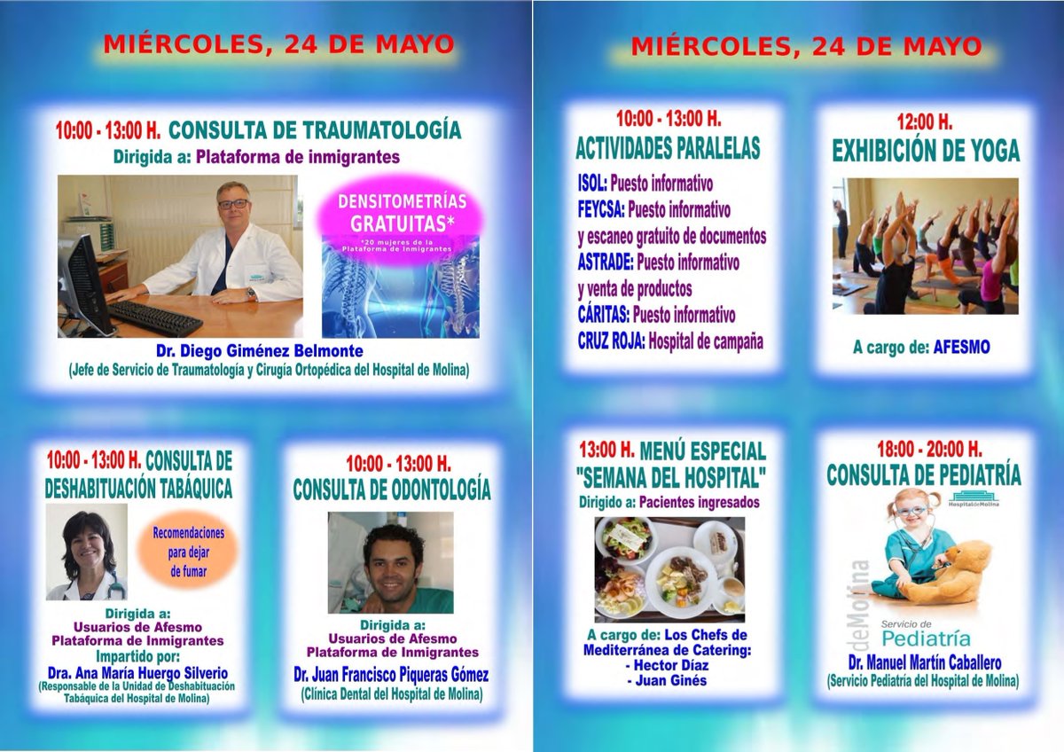 Hospital_Molina's tweet photo. Esta tarde, en nuestra #5ªSemanadelHospital, te esperamos con #Pediatría, #AFSalud, #Osteopatía y #Nutrición. Acércate a nuestro #hospital! https://t.co/wirFjQigbZ
