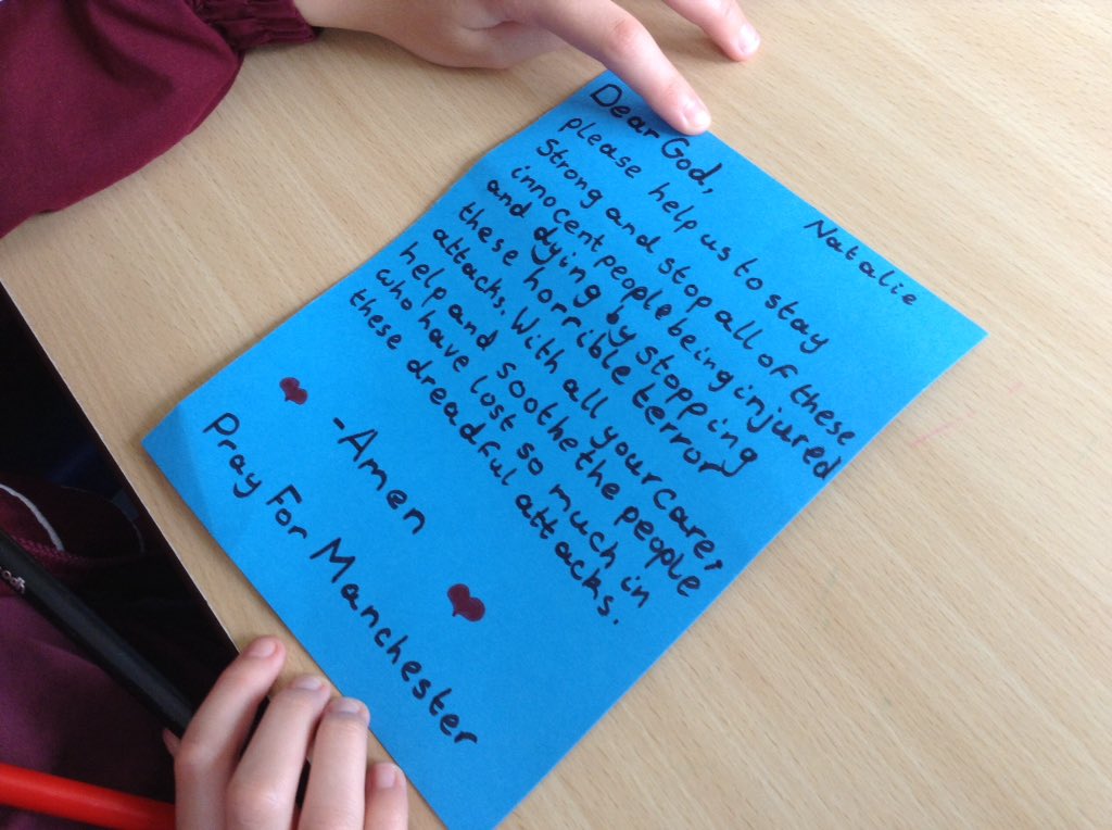 rudstony6's tweet photo. The children had many questions about the heartbreaking incident in Manchester, so we wanted to offer up these prayers #CollectiveReflection https://t.co/ecWpUmgHpt